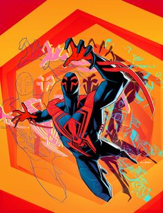 a spider man is in the middle of an orange and red hexagonal background