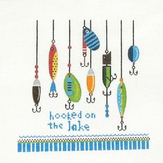 a cross stitch pattern with different fishing items hanging from hooks