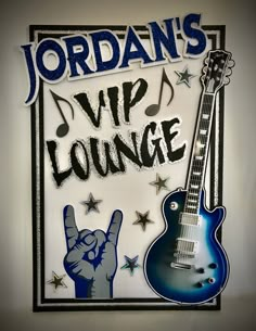 welcome sign to greet your guests for a rock star party event with a personalized name, rock hand gesture and a cutout foamcore guitar Concert Birthday Party Ideas, Concert Themed Birthday Party, Music Themed Classroom, Born To Rock Party, Rock Band Party, Music Birthday Party Theme, Band Birthday Party, Musical Decorations, Rockstar Party Ideas