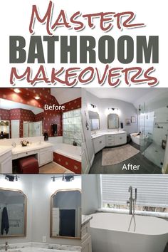 bathroom makeovers before and after photos with text overlaying the top right image