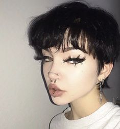 Tip Of Tongue Piercing, Buzzcut Regrowth, Both Nostrils Pierced With Septum, Face Peircing, Face Piercings Women, Sadistic Smile, Face Piercing Ideas, Piercing Inspo Face, Under Chin Tattoo