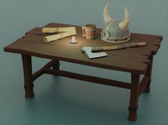 a wooden table with various items on it