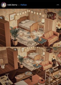 two pictures of a living room with furniture and decorations on the walls, including a bed