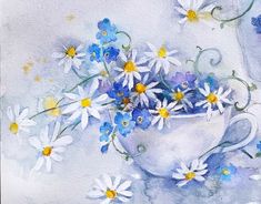 a painting of daisies and blue flowers in a white vase on a gray background