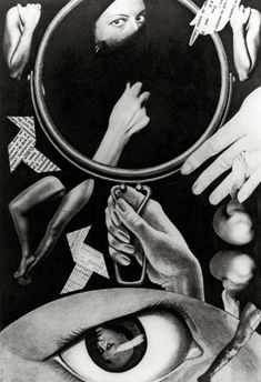 a black and white drawing of a woman's face with her hands on the mirror