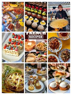 a collage of pictures with different desserts and pastries on them, including cakes, pies, sandwiches, fruit