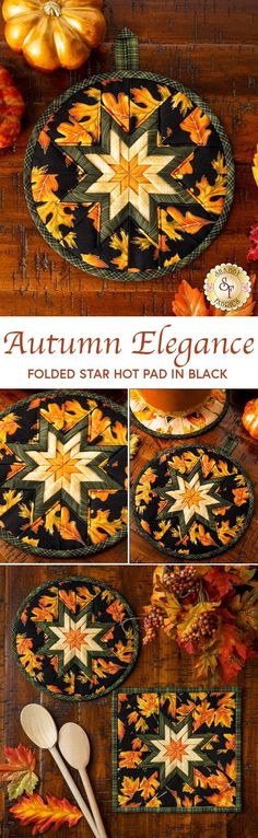 an autumn elegance quilted star hot pad in black and gold with fall leaves on it