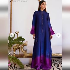 Fta Ombre Shisha Silk Set. Shirt, Slip And Pants Blue Dabka Dress For Eid, Blue Maxi Dress With Dabka Work, Elegant Fitted Blue Abaya, Blue Long Sleeve Dress With Dabka Embroidery, Blue Abaya With Dabka Work For Party, Blue Dresses With Dabka Work For Summer, Elegant Blue Festive Abaya, Elegant Blue Kaftan With Dabka Details, Blue Dabka Maxi Dress