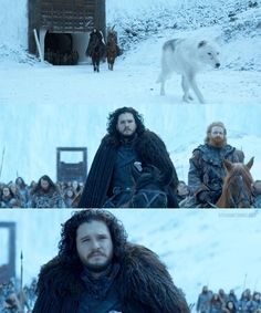 game of thrones with two men on horses and one man riding a horse in the snow