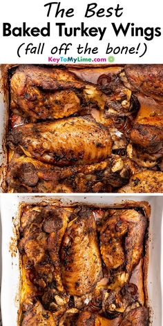 Two images of baked turkey wings, with title text at the top. Smothered Turkey Wings In Oven, Roasted Turkey Wings, Turkey Wings Recipe, Smoked Turkey Wings, Chicken Wing Recipes Baked