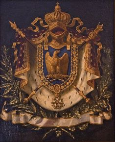 an ornate gold and blue coat of arms on a black background with ribbon around it