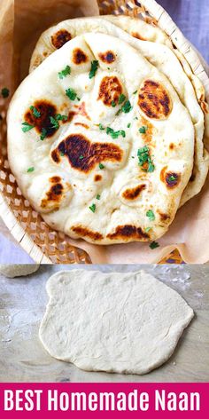 homemade naan bread on a plate and in a basket with text overlay that reads best homemade naan