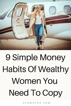 a woman stepping out of an airplane with the words, 10 personal finance tips and tricks to make you rich