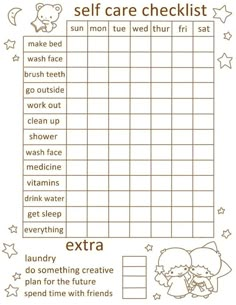 a printable self care checklist for kids with teddy bears and stars on it