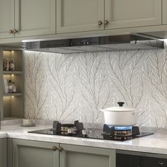 a stove top oven sitting inside of a kitchen next to green cupboards and cabinets