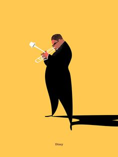 a man with a trumpet in his hand on a yellow and black background is shown