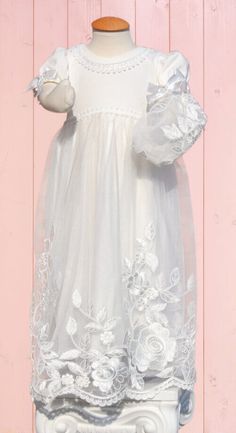 Babee 329 Fitted Floral Dresses For Dress-up, Long Sleeve Tulle Dress With Lace Trim, Fitted Floral Appliqué Dress For First Communion, Fitted Floral Applique Dress For First Communion, Fitted Dresses With Floral Applique For First Communion, Elegant Floral Applique Dress For Baptism, Fitted Dresses With Lace Sleeves For Baptism, Blessing Dress, White Elegance