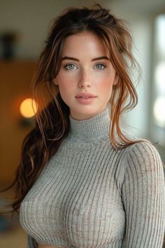 a woman with long hair wearing a turtle neck sweater