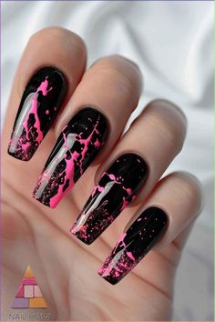 Browse gorgeous fall nails, fall nail design and fall nail art for the best autumn nails this season! Orange, browns, purple, reds, gold nails and more! Pink Black Nails, Black Acrylic Nail Designs, Splatter Nails, Concert Nails, Christmas Nail Ideas, Neon Nail Designs, Black Acrylic Nails, Neon Nails