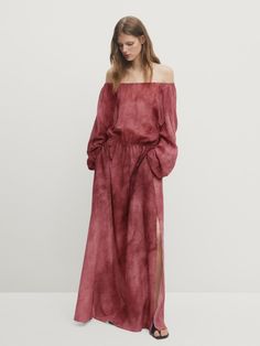 Long off-the-shoulder printed dress - Pink | ZARA United States Zara Off-shoulder Summer Midi Dress, Zara Off-shoulder Midi Dress For Summer, Off-shoulder Midi Dress For Daywear, Zara Off-shoulder Evening Dress, Elegant Off-shoulder Maxi Dress For Daywear, Chic Zara Off-shoulder Midi Dress, Chic Off-shoulder Zara Midi Dress, Chic Off-shoulder Midi Dress By Zara, Vestidos Color Rosa