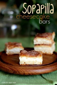 three pieces of cheesecake on a plate with the words sopapilla cheesecake bars