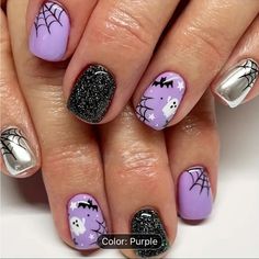 24pcs Purple Halloween Nail Art SetShort Square Press-On Nails With GhostBatSpider Web DesignsGlossy Finish Removable Jelly Glue Nail Strips With Nail File And Stick Ghost Nail, Nails Creative, Short Press On Nails, Short Square Nails, Manicure Tips, Color Nails, Halloween Nail