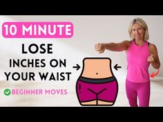 a woman in pink shirt and shorts with text saying 10 minute lose inches on your waist