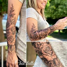 the woman is holding her cell phone and showing off her tattoo designs on her arm