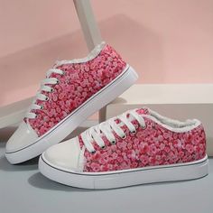 Pink Floral Print Canvas Shoes, Casual Lace Up Outdoor Sneakers, Comfo Sneakers Comfortable, Low Top Shoes, Pink Floral Print, Canvas Shoes Women, Casual Lace, Top Design, Shoes Casual, Rose Color, Top Shoes