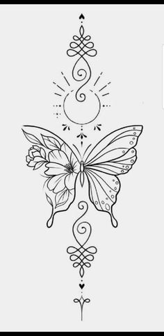 a drawing of a butterfly with swirls and hearts on it's back side