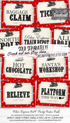 six red and white labels with santa's workshop on them