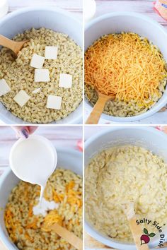 four pictures showing how to make rice and cheese