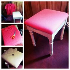 four different pictures of a stool with pink fabric on it and scissors in the middle