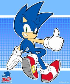 sonic the hedge is running in front of a blue and white background with an image of his