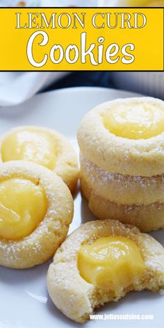 lemon curd cookies on a white plate with the title in yellow text above it