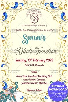 a flyer for a wedding party with an elephant on the front and blue swirls around it