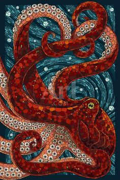 an octopus painting with blue and red colors