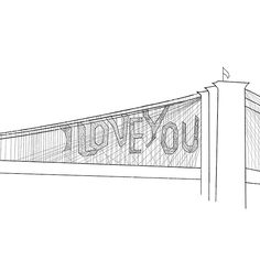 a black and white drawing of a fence with the word i love you written on it