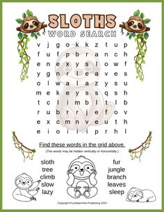 a printable word search for sloths