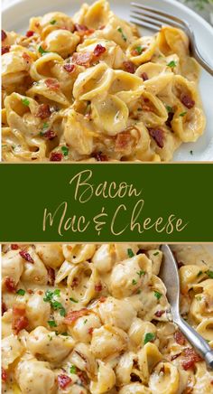 Bacon mac and Cheese with creamy cheese sauce and bits of bacon Mac And Cheese With Peas And Bacon, Cheesy Bacon Pasta Recipes, Thanksgiving Dinner Mac And Cheese, Bacon And Mac And Cheese, Bacon Macaroni And Cheese Recipe, Maple Bacon Mac And Cheese, Instant Pot Bacon Mac And Cheese, Macaroni Bacon And Cheese, Easy Bacon Mac And Cheese Recipe