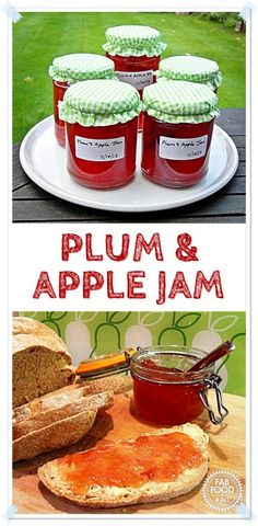 plum and apple jam is on a plate with bread in the foreground, and an image of jars filled with jam