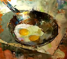 an oil painting of eggs in a frying pan