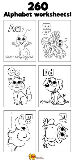 the alphabet worksheet for children to learn how to draw cartoon animals and letters