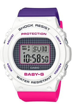 BABY-G 25th anniversary logo, blue, purple, pink color scheme, finished with a cool design full of streets. The face is also designed with a geometric pattern inspired by 90s street culture. 1990s Men, Anniversary Logo, Garmin Watch, Digital Watch, Watch Brands