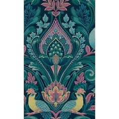 an intricately designed wallpaper with birds and flowers on blue, green, pink and yellow colors