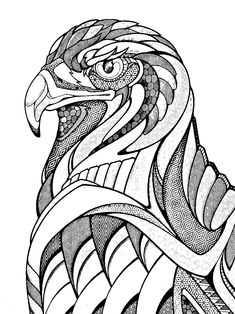 a drawing of an eagle with intricate lines on it's body and head, in black and white