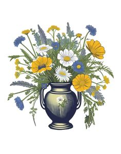 a blue vase filled with yellow and white flowers