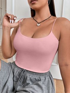 Plus Size Solid Color Slim Fit Cropped Camisole Top Baby Pink Casual   Knitted Fabric Plain Cami High Stretch  Women Plus Clothing, size features are:Bust: ,Length: ,Sleeve Length: Cropped Camisole, Plus Size Tank Tops, Elegant Blouses, Elegant Dresses Long, Women Midi, Womens Midi Dresses, Plus Clothing, Slime, Women Lingerie