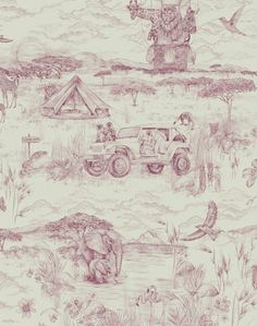 a drawing of an elephant and jeep in the wild