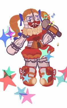 a drawing of a clown holding a hammer in his right hand and surrounded by stars